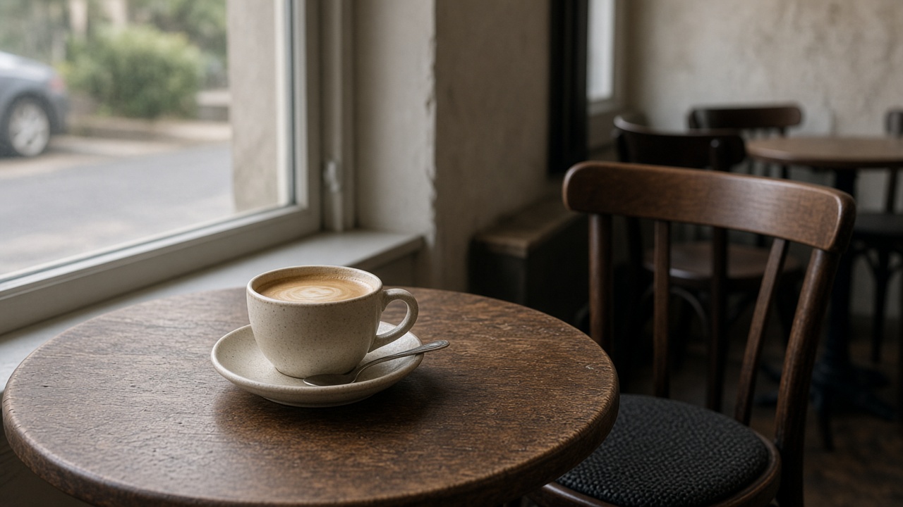 One coffee on a café table by a window, with an empty chair.
