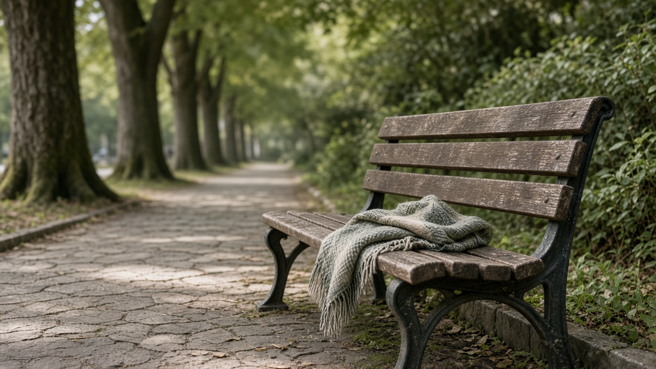 A wooden bench on a quiet tree-lined path, with a folded scarf.