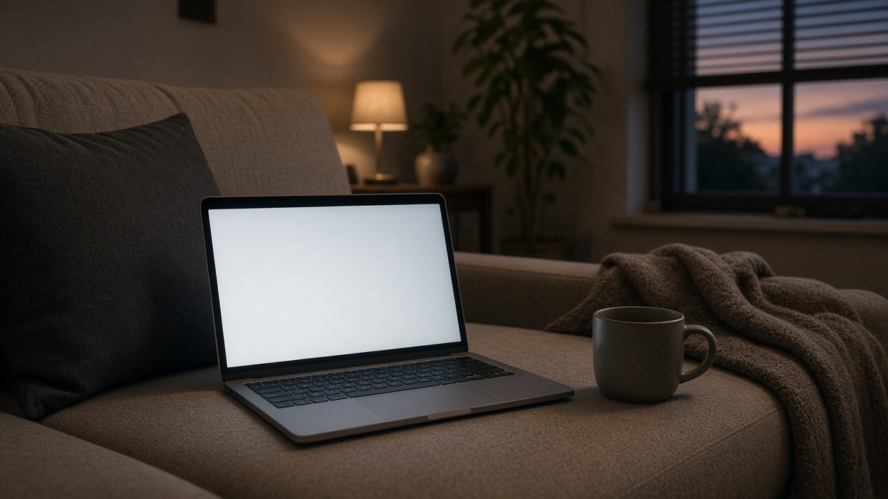 A laptop open on a sofa in the evening, the screen blank.