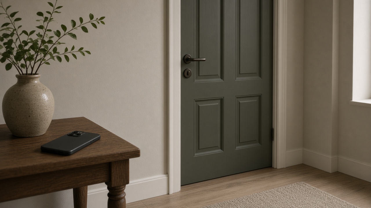 A closed front door, with a phone face down on a side table.