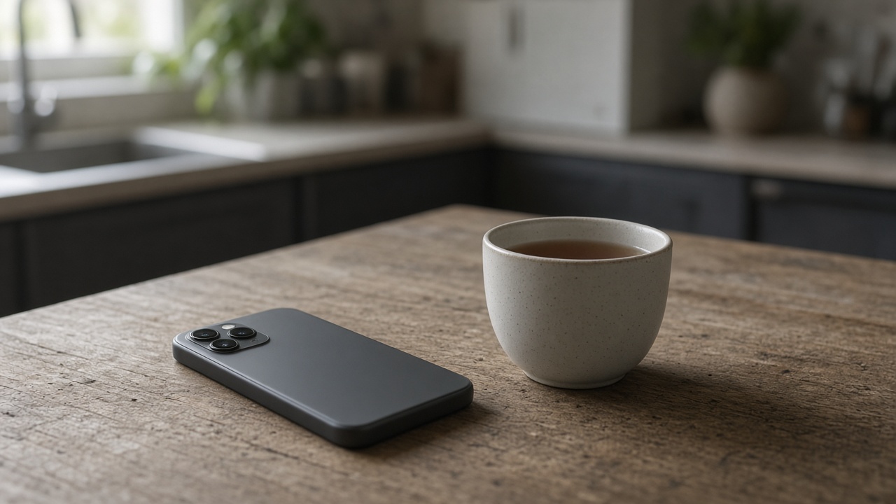 A phone lying face down next to an untouched cup of tea.