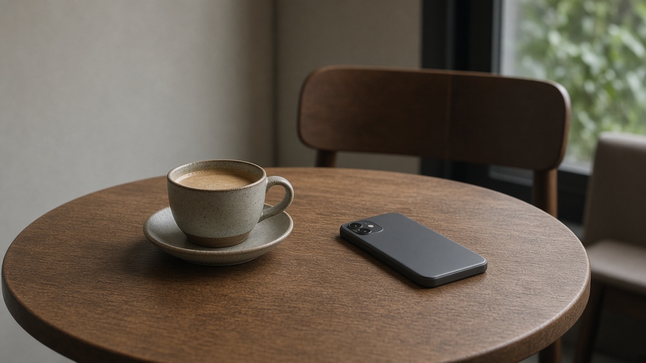 One coffee and a phone face down, with an empty chair opposite.