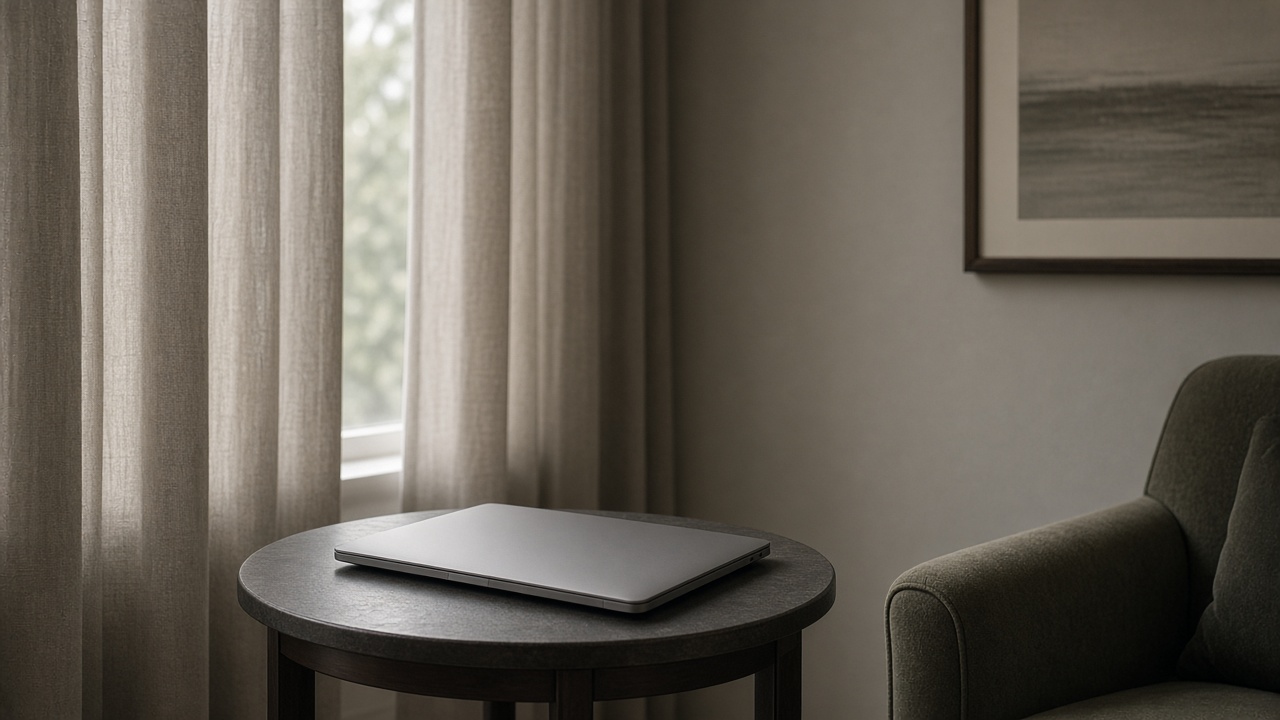 A closed laptop on a side table, with the curtains drawn.